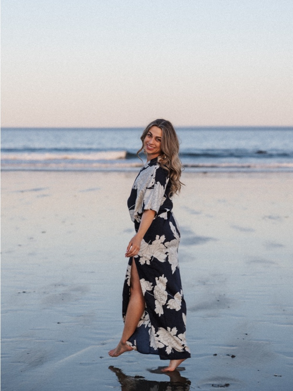 Baltic Born Dark Blue Maxi Dress, White/Cream Floral Print & Side Slit.
